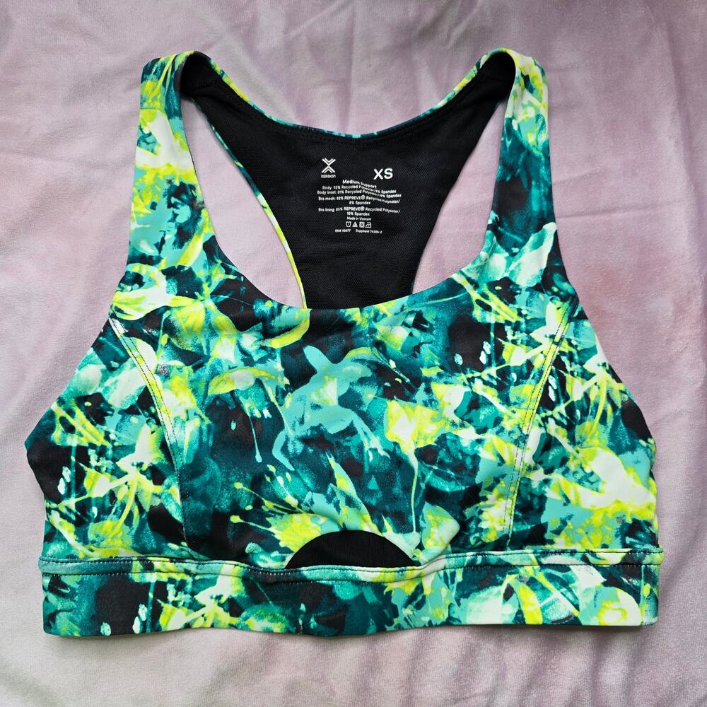 Xersion‎ Green Racerback Medium Support Padded Sports Bra Active Yoga Top XS